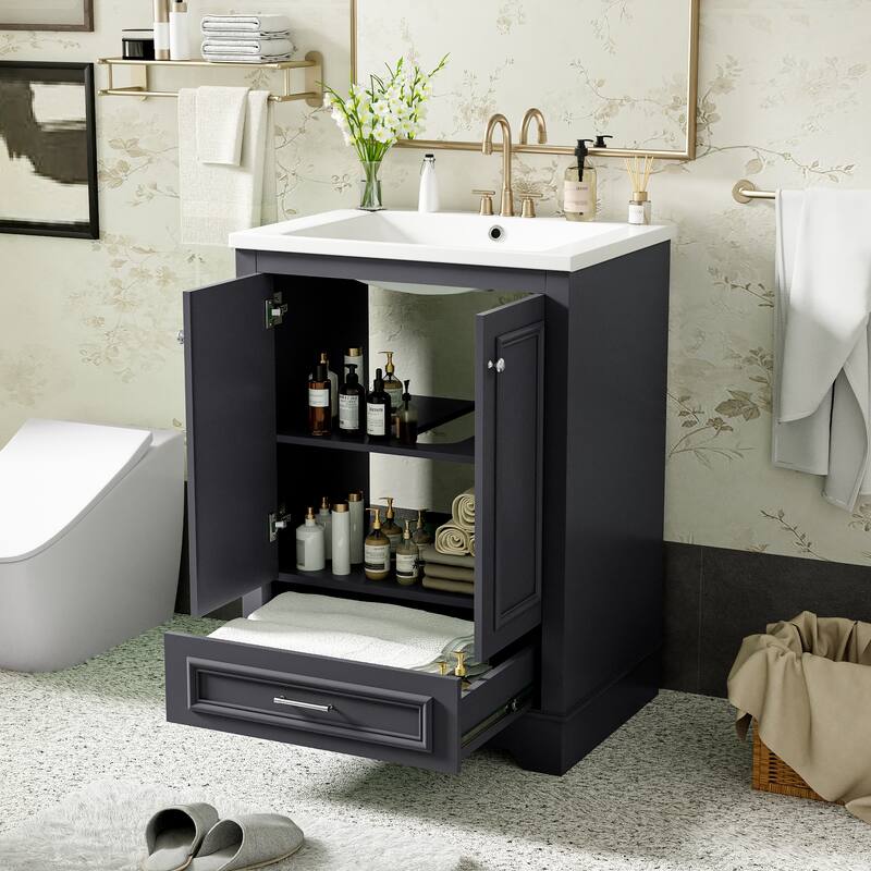 GDFStudio - Halcyon Modern Freestanding Bathroom Vanity with Ceramic Sink and Soft-Closing Storage Doors & Silver Handles