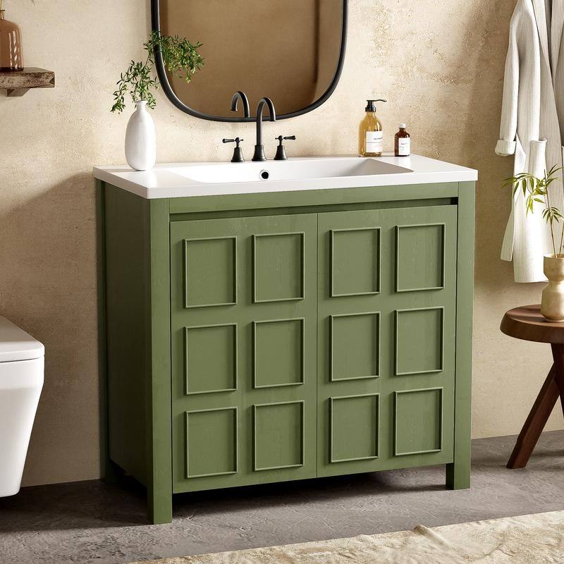 36" Retro Bathroom Vanity Organizer with Sink, Combo Cabinet Set, Bathroom Storage Cabinet - Olive Green
