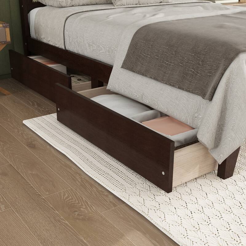 Platform Bed with Rattan Headboard, Wood Slats Support and Enhanced Support Legs - Optional Storage Bed with 2 Drawers