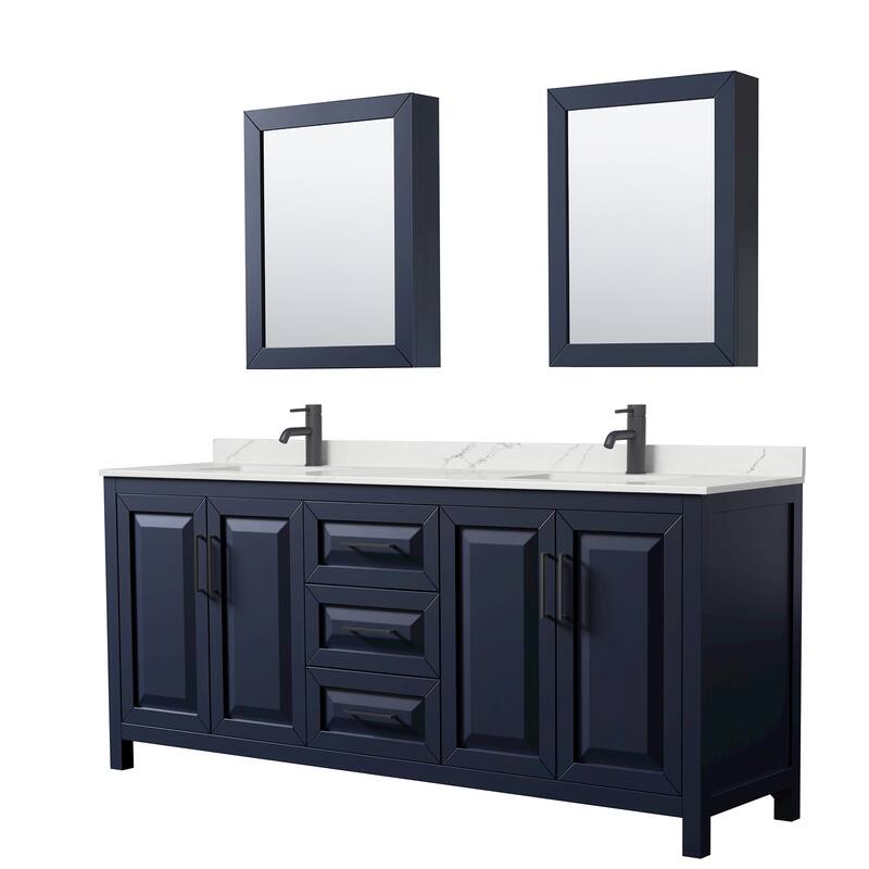 Daria 80-inch Double Vanity, Single Hole Quartz Top, Med Cabinets - Dark Blue, Black Trim, Giotto Quartz Top