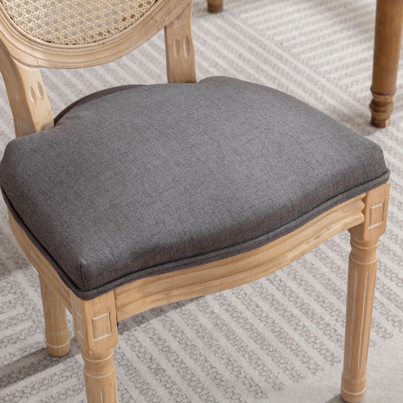 Exquisite Solid Wood Frame Dining Chair with Linen Fabric and Rattan Backrest, Set of 2