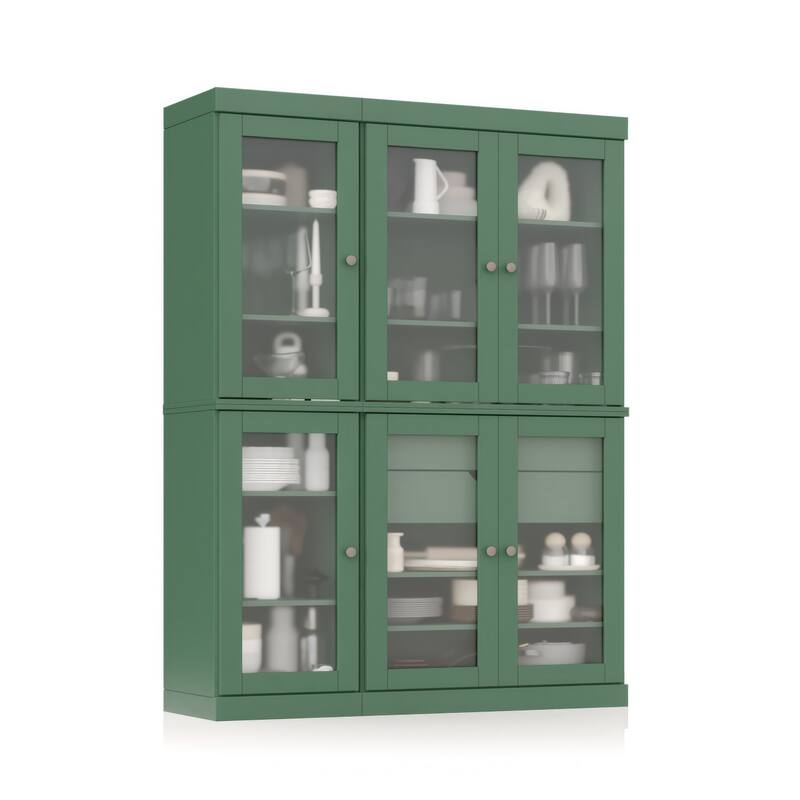 100% Solid Wood 48.5" Pantry Cabinet with Frosted Glass Doors and 2-Drawers