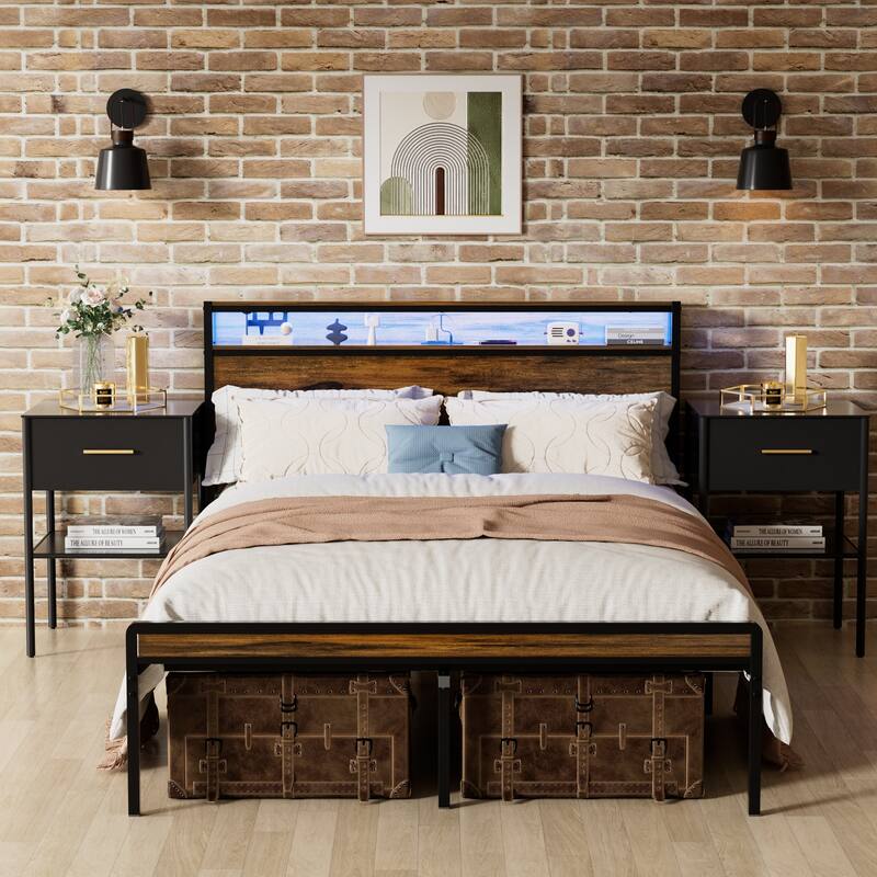 Industrial Noise-Free Metal Support Bed Frame, Queen Size Platform Bed with Charging Station Headboard and LED Lights