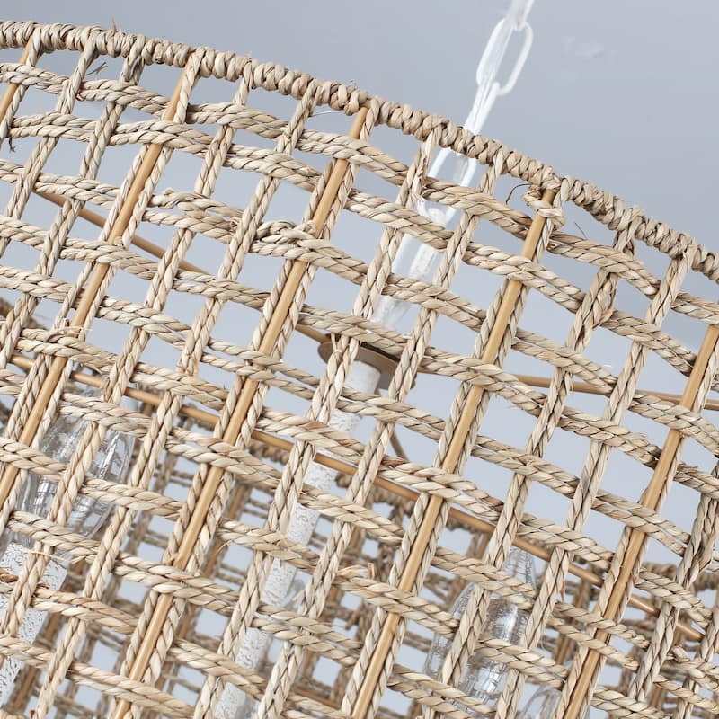 5 - Light Dimmable Drum Chandelier Natural Rattan Bohemian & Coastal Pendant - 18.9 in