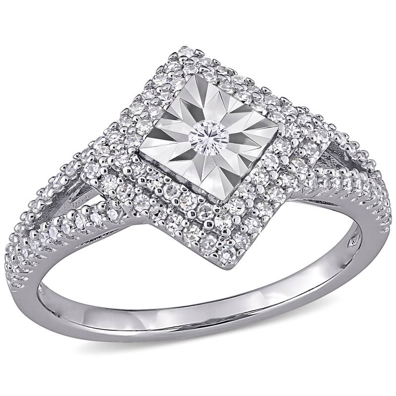 Miadora 1/2ct TDW Diamond Halo Split Shank Ring in Sterling Silver