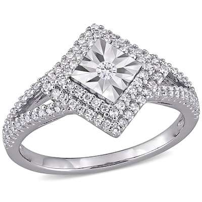 Miadora 1/2ct TDW Diamond Halo Split Shank Ring in Sterling Silver