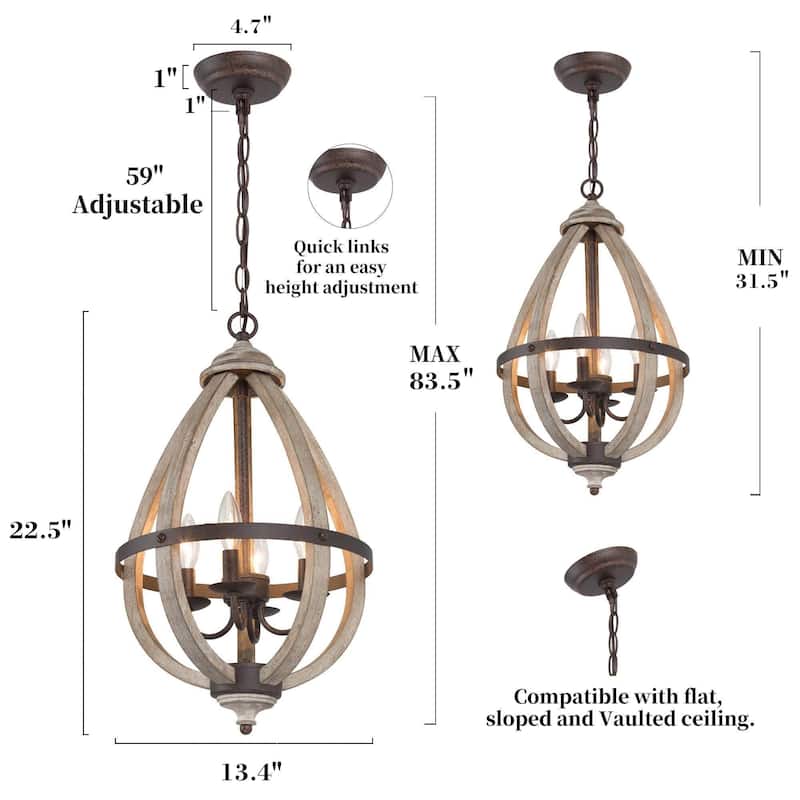 Farmhouse 4-Light Wood Lantern Chandelier Kitchen Island Pendant Light