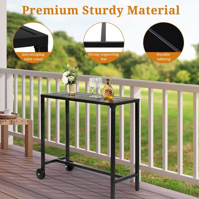 39.4" Black Iron Bar Table with Wheels Heavy-Duty Outdoor Patio Table Weatherproof and Portable - (39.4 x 15.7 x 37) in
