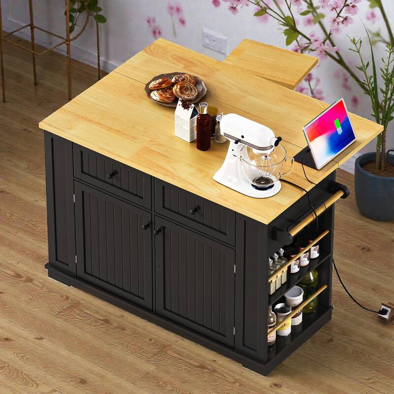 48" Kitchen Island with 2 Bar Stools, Power Outlet, Drop Leaf, Storage Cart on Wheels with Drawers - Black