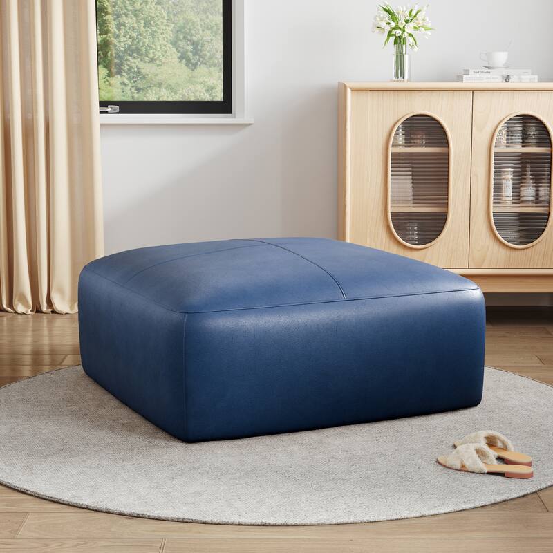 UIXE Genuine Leather Ottoman, Upholstered Ottoman for Living Room - Blue