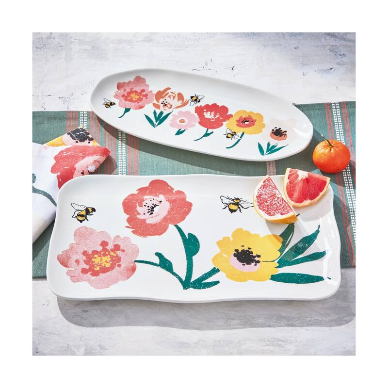 Bee Blossom Multicolor Oval Serving Platter - Ceramic, Dishwasher Safe, 15" L x 7" W x 1" H - Perfect for Summer Entertaining