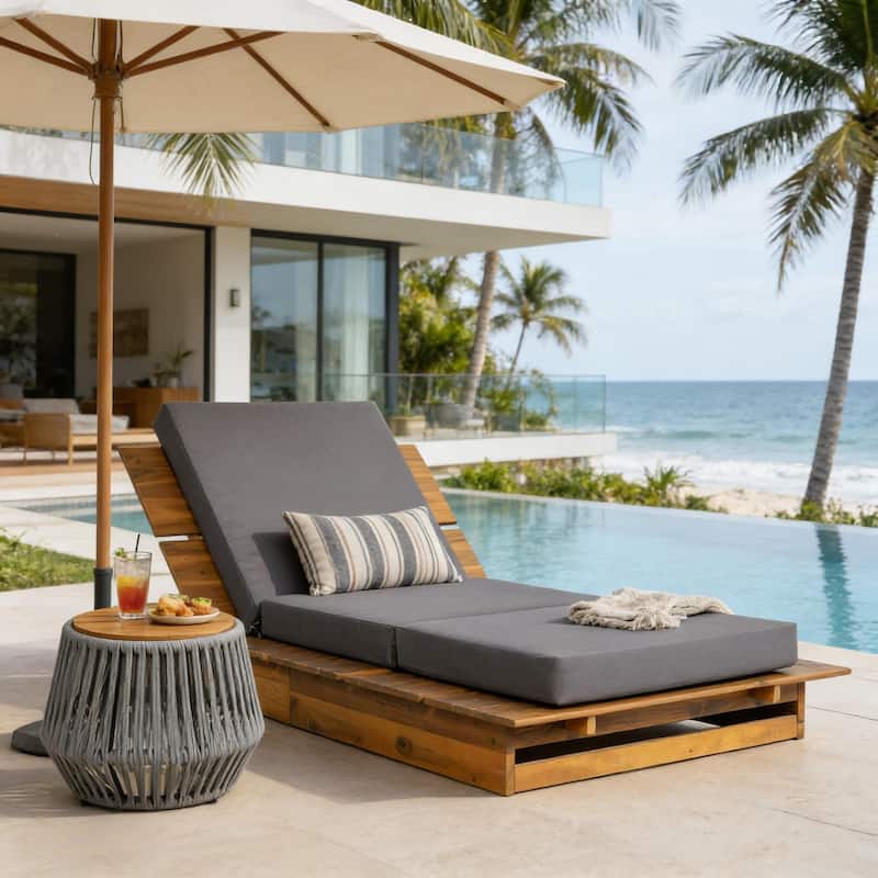 Christopher Knight Home - Modern Indoor/Outdoor Acacia Wood Chaise Lounge with 3-Position Adjustable Backrest & 3-Fold Cushion