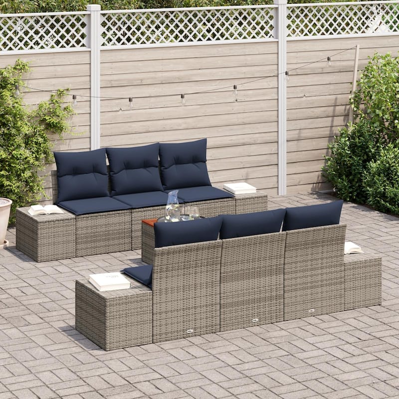 vidaXL 7 Garden Sofa Set with Cushions Black/Grey Poly Rattan - 94.1 x 24.4 x 27.2