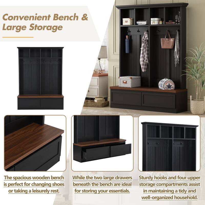 Versatile 4-in-1 Coat Rack with Wood Grain Bench and 2 Large Drawer
