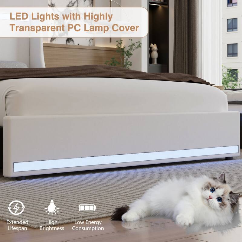 Javlergo Bed Frame with LED Lights and Charging Station Linen Fabric Bed with Drawers Wooden Slats