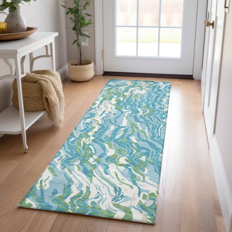 Machine Washable Indoor/ Outdoor Abstract Flow Chantille Rug - Teal - 2'3" x 7'6"