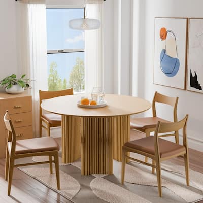 46" Round Dining Table Kitchen Table for 4 with Arc-Shaped Edge Top and Fluted Pedestal Legs for Living Room Dining Room Coffee