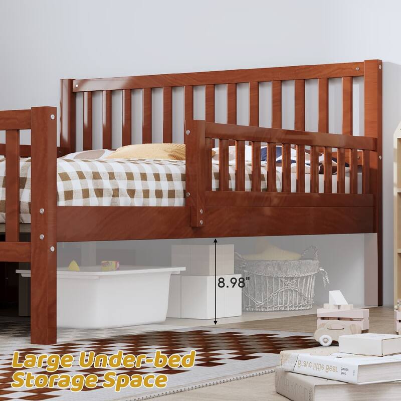 Solid Wood Platform Bed Frame with Guardrail, Drawer
