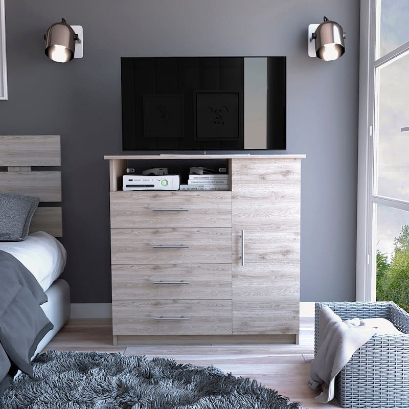 TUHOME Peru 4 Drawer Dresser with Vertical Cupboard & Open Shelf
