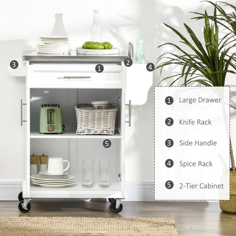 Kitchen Island on Wheels, Rolling Kitchen cart with Stainless Steel Countertop, Drawer, Towel Rack and Spice Rack