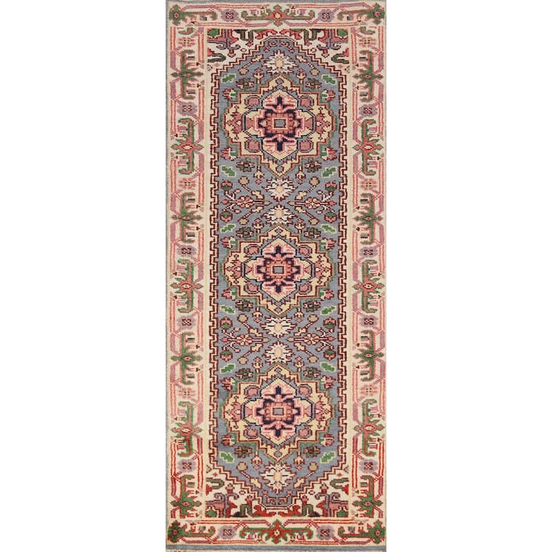 Hand Knotted Oriental 100% Wool Carpet Traditional Geometric Navy Blue & Blues Heriz (serapi) Runner Rug - 8' 1'' X 2' 6''