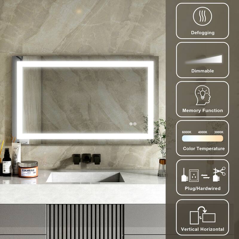Wall Mounted LED Bathroom Mirror With Memory Function,Dimmable, Anti-Fog (Horizontal/Vertical)