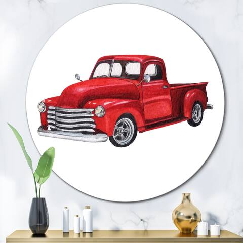 Designart 'Red Vintage Pickup Truck' Industrial Metal Circle Wall Art