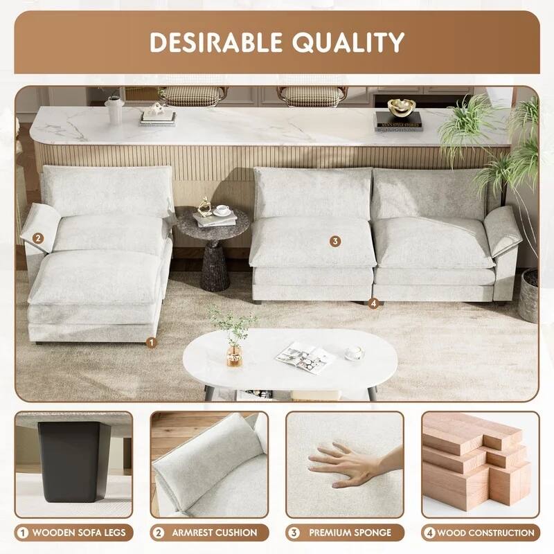 Furniwell 3-Seat Sectional Sofa with Ottoman Sectional Couch with Reversible Toffee Chair Convertible Sofa