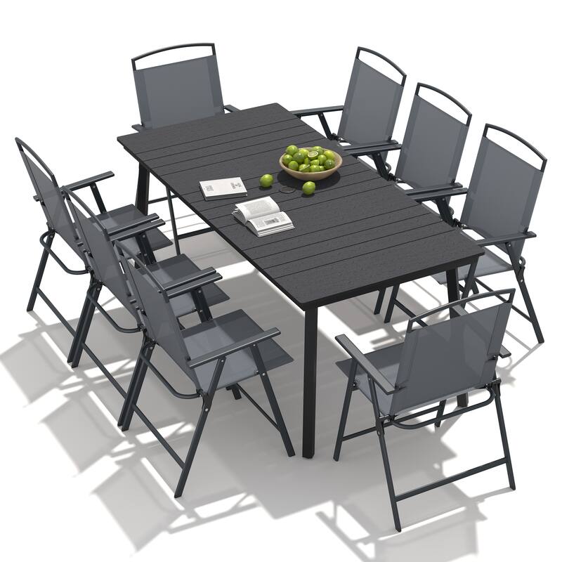 9-Piece Outdoor Dining Set Rectangle Patio Dining Table with Umbrella Hole and Folding Chairs