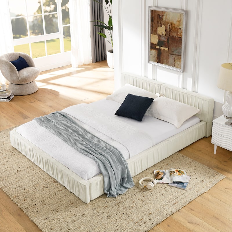 Queen Upholstered Platform Bed - Chenille Fabric Bed Frame with Pleated Headboard, No Box Spring Needed - Modern Bedroom Design