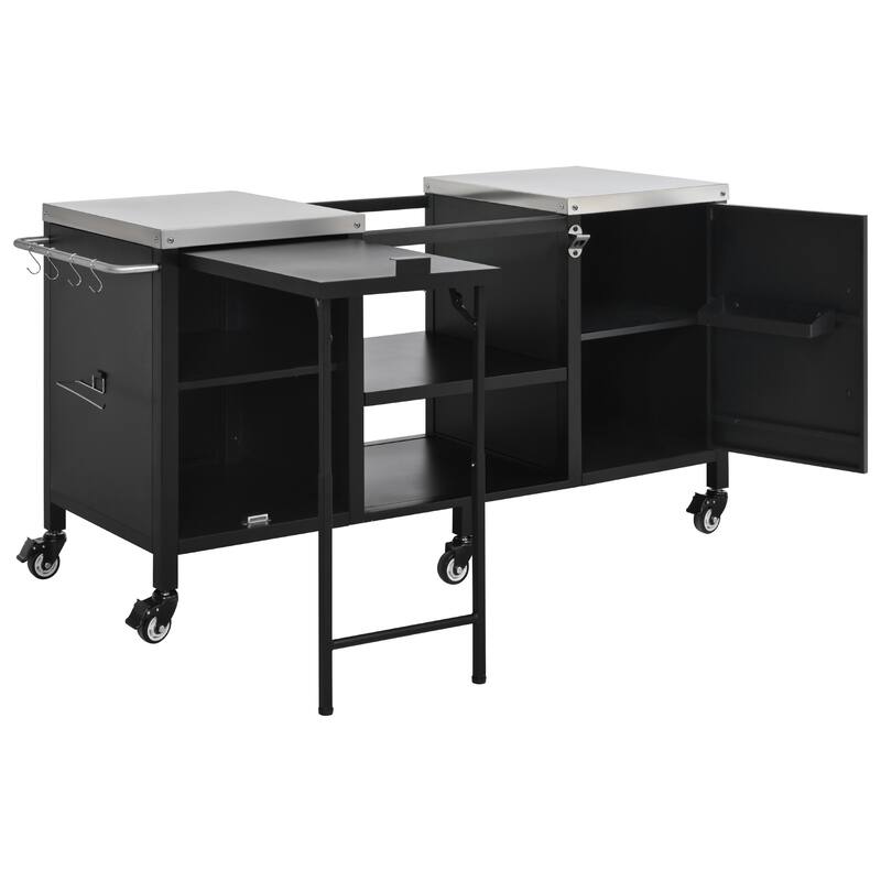 72.4" Outdoor Kitchen Island for Large Big Green Egg,Metal Outdoor Grill Cart with Fold-out Prep Table and Adjustable Shelves