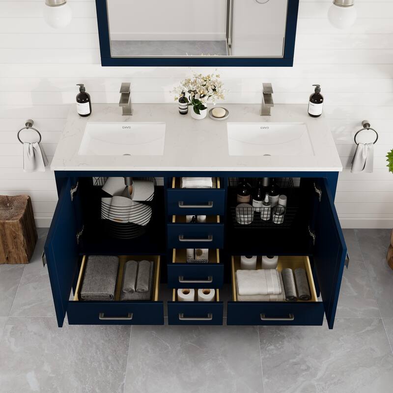 London 48"W Blue DS Bath Vanity with Carrara Quartz Top & Porcelain Sink