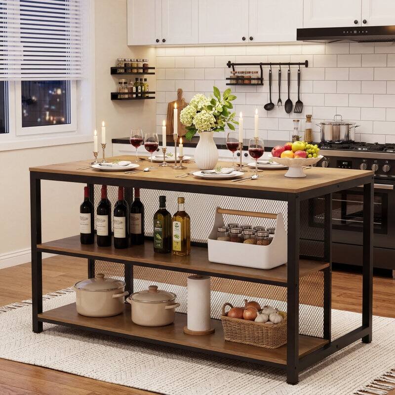 63" Industrial Kitchen Island With Seating & Storage