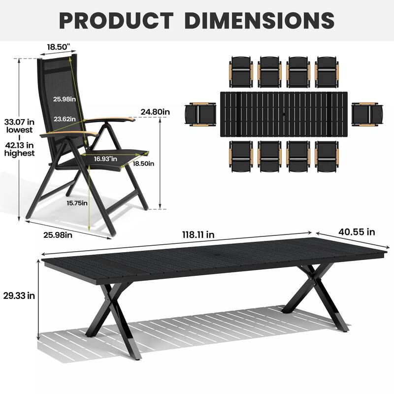 11-Piece Set Outdoor Aluminum Dining Table with Umbrella Hole and Foldable Chairs