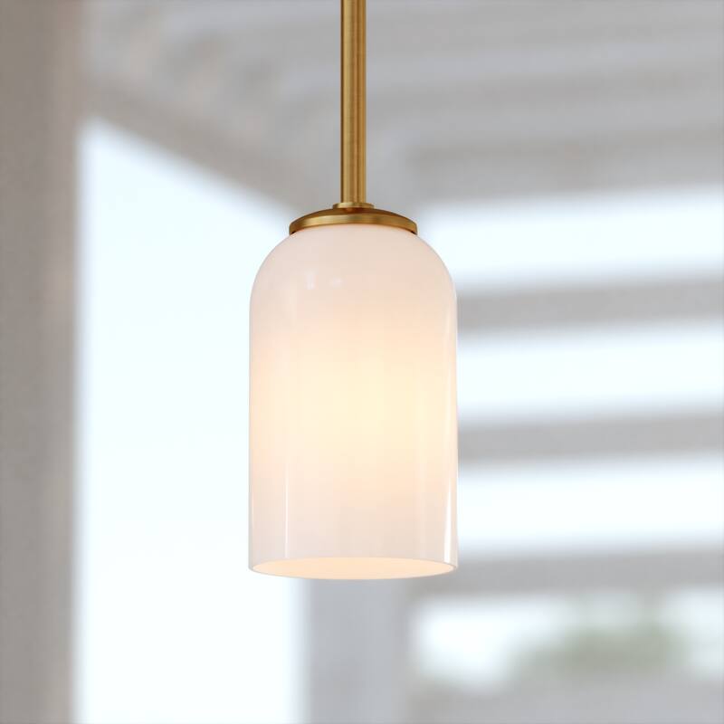 Shelby Gold Brass Transitional Mini Pendant Ceiling Light White Glass - 5.25-in W x 6.75-in H x 5.25-in D - Natural Brass - 5.25-in W x 6.75-in H x 5.25-in D