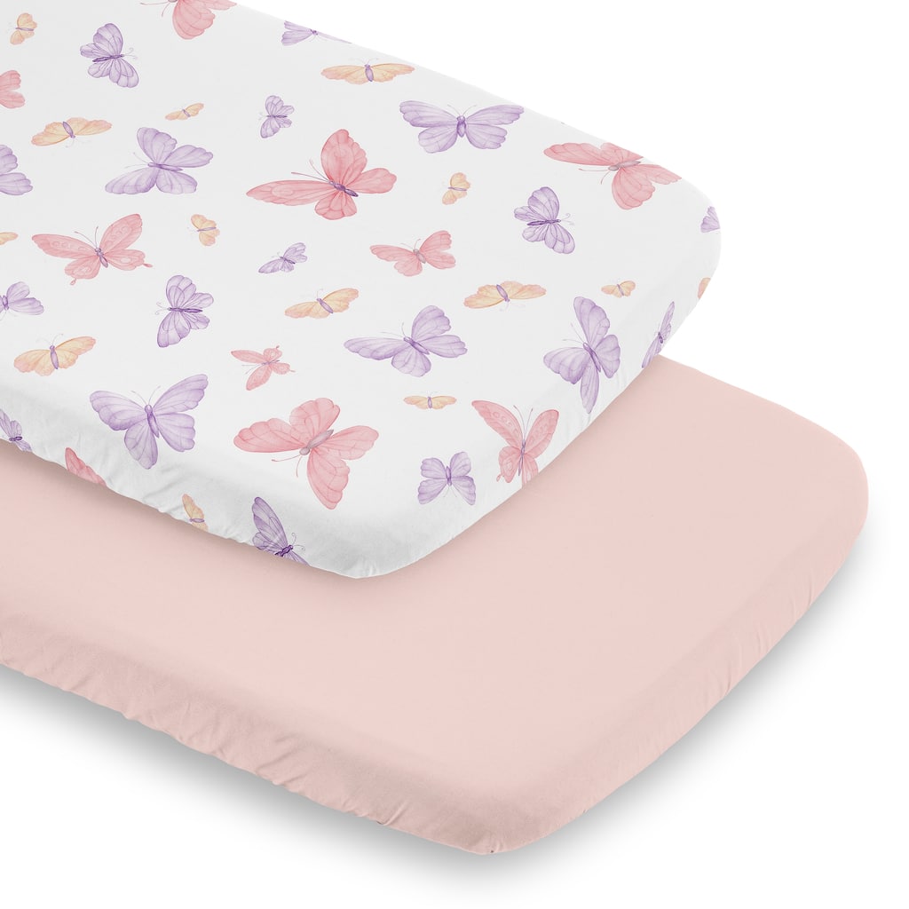Sweet Jojo Designs Pink/Purple Shabby Chic Butterfly Girl 2 Pack Baby Bassinet Fitted Sheets - Blush Colorful Butterflies Pastel