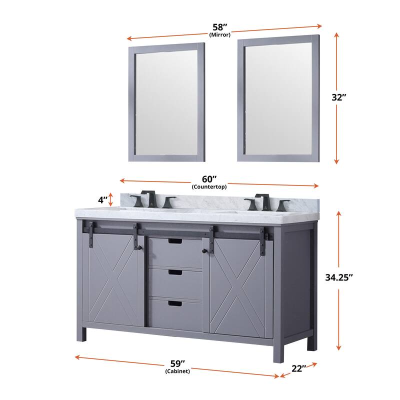 Marsyas 60 in W x 22 in D Ash Grey Double Bath Vanity, White Quartz Countertop, Faucet Set and 24 in Mirrors