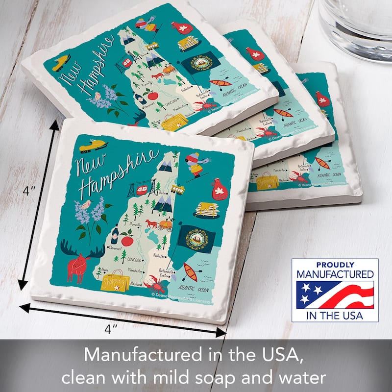 New Hampshire Home 4-Pack Absorbent Stone Coasters with Protective Cork Backing 4" Square Made in The USA Easily Wipes Clean