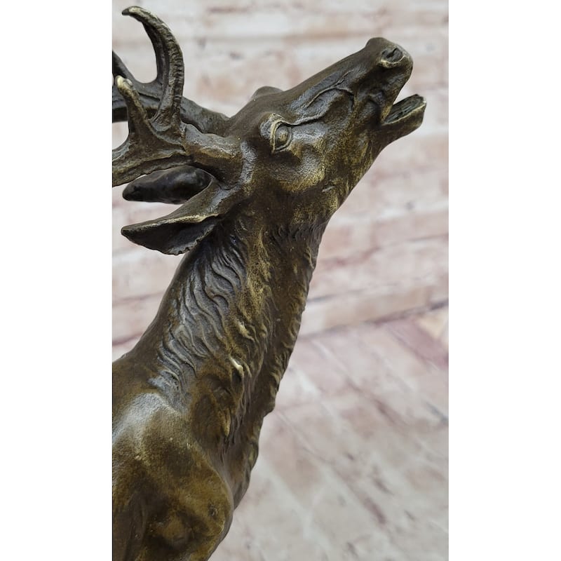 Chalet Lodge Art Elk Stag Buck Deer Hunter Bronze Marble Base Sculpture Statue