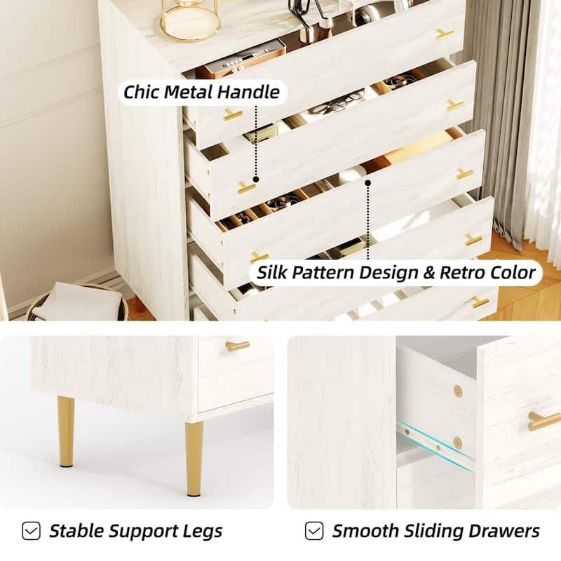 5 Drawers Dresser for Bedroom, 44" Tall Wood Rustic Chest of Drawers with Bar Handles, Vintage Design