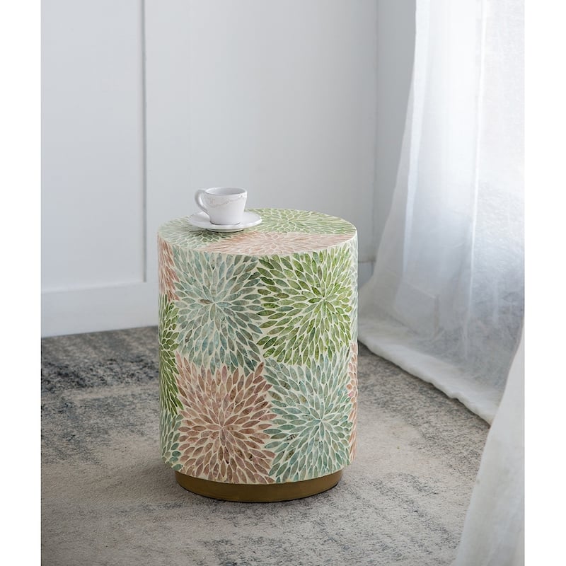 GDFStudio - Olivia Modern Cylindrical Garden Capiz Stool & Accent Side Table - 14x18" - Green Multi,Pink