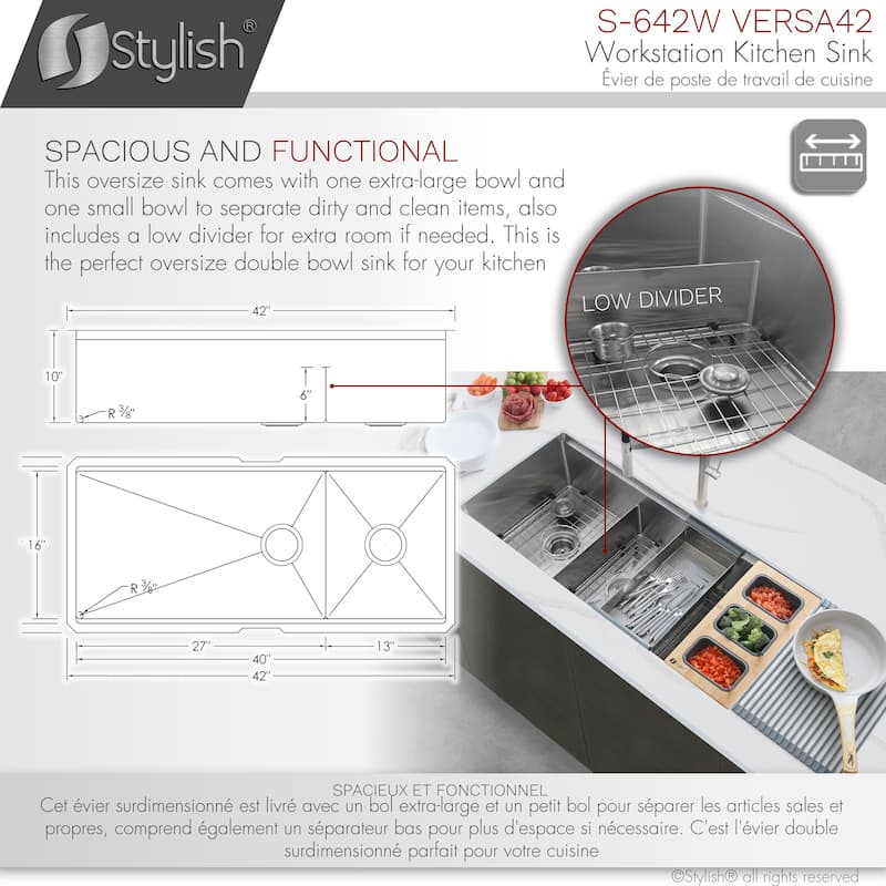 STYLISH 42 inches Workstation 70/30 Double Bowl Undermount 16 Gauge Stainless Steel Kitchen Sink with Accessories included