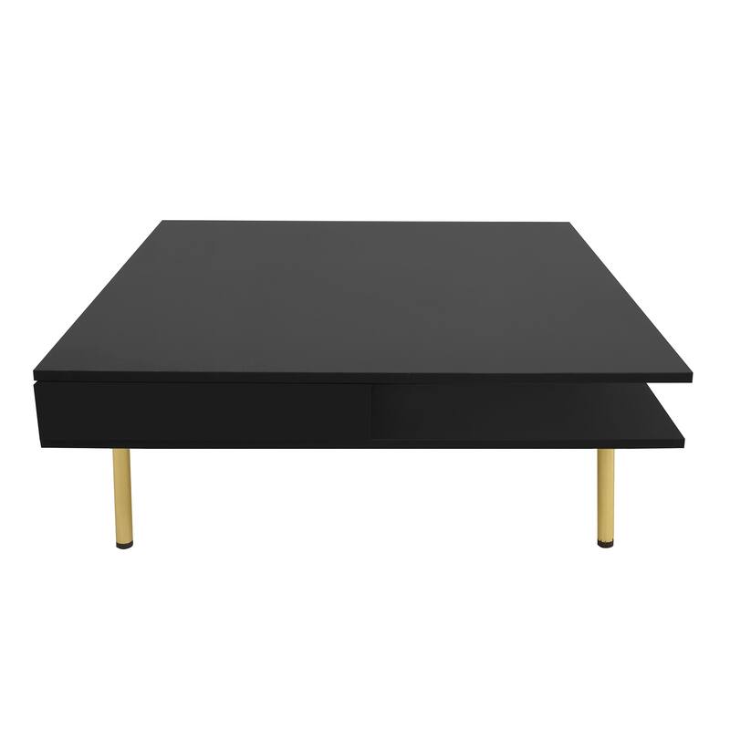Stylish High Gloss Coffee Table 2 Tier Square Center Table with 4 Gold Legs and 2 Small Drawers, for Living Room