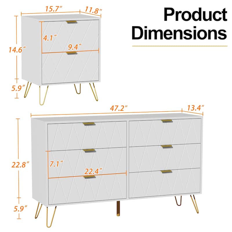 6-Drawer Dresser & 2 Nightstands Set Modern Bedroom Storage Bundle