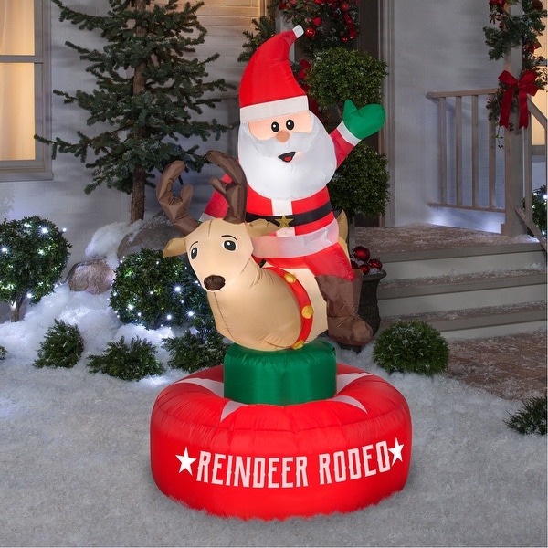Gemmy Animated Christmas Airblown Inflatable Santa & Reindeer Rodeo Scene, 6.5 ft Tall, Multicolored
