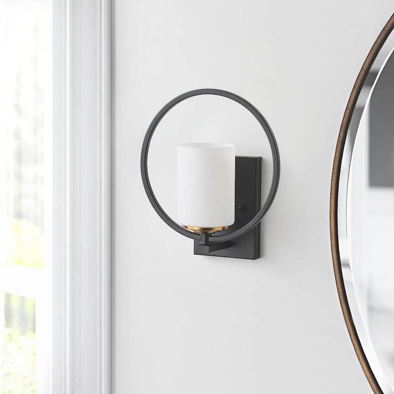 Modern Black and Gold Wall Light with White Frosted Glass Shade