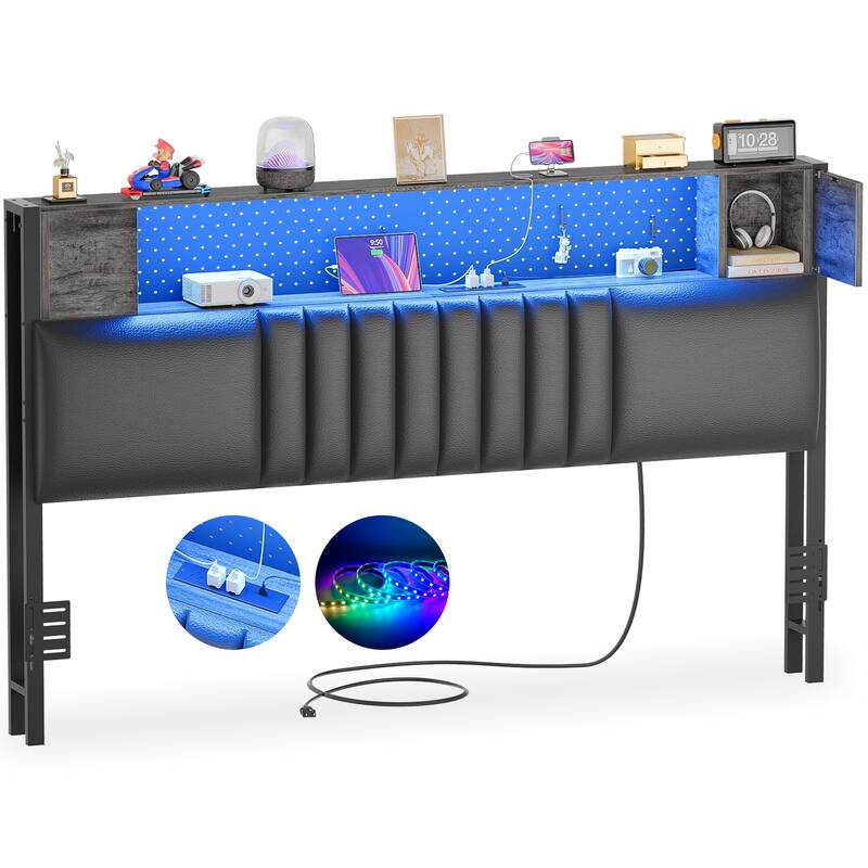 Upholstered Headboard with Storage Shelf and Small Cabinet, Headboard Power Outlet and LED Light