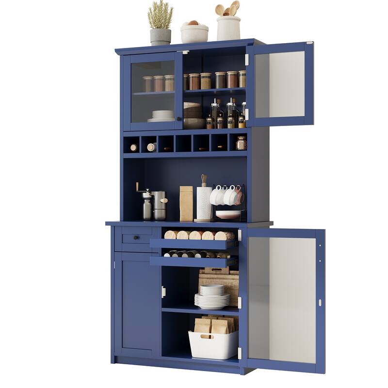 Roomfitters Farmhouse Kitchen Pantry Buffet Hutch with Wine Rack and Glass Doors, Tall Storage Cabinet