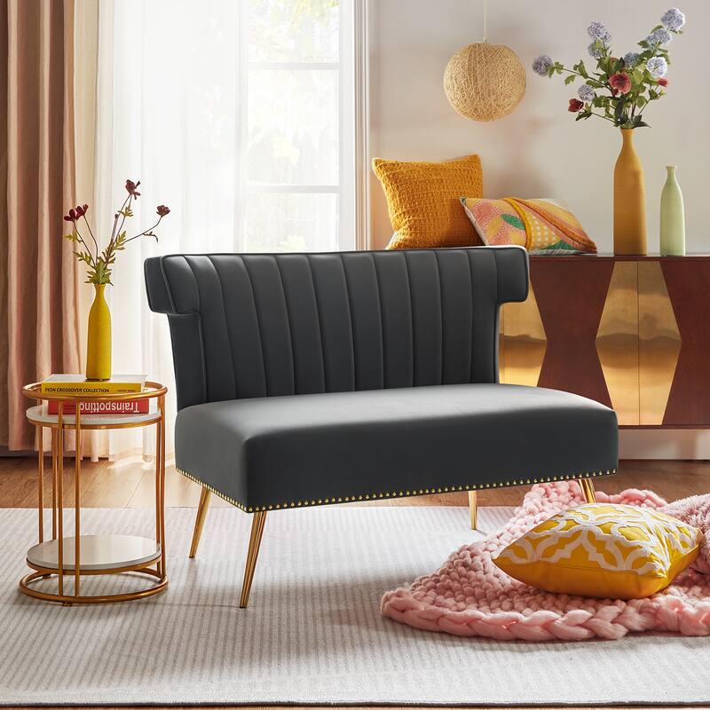 Aeneas 46"in. Modern Velvet Wingback Tufted Nailhead Trim Loveseat with Metal Adjustable Legs by HULALA HOME - GREY