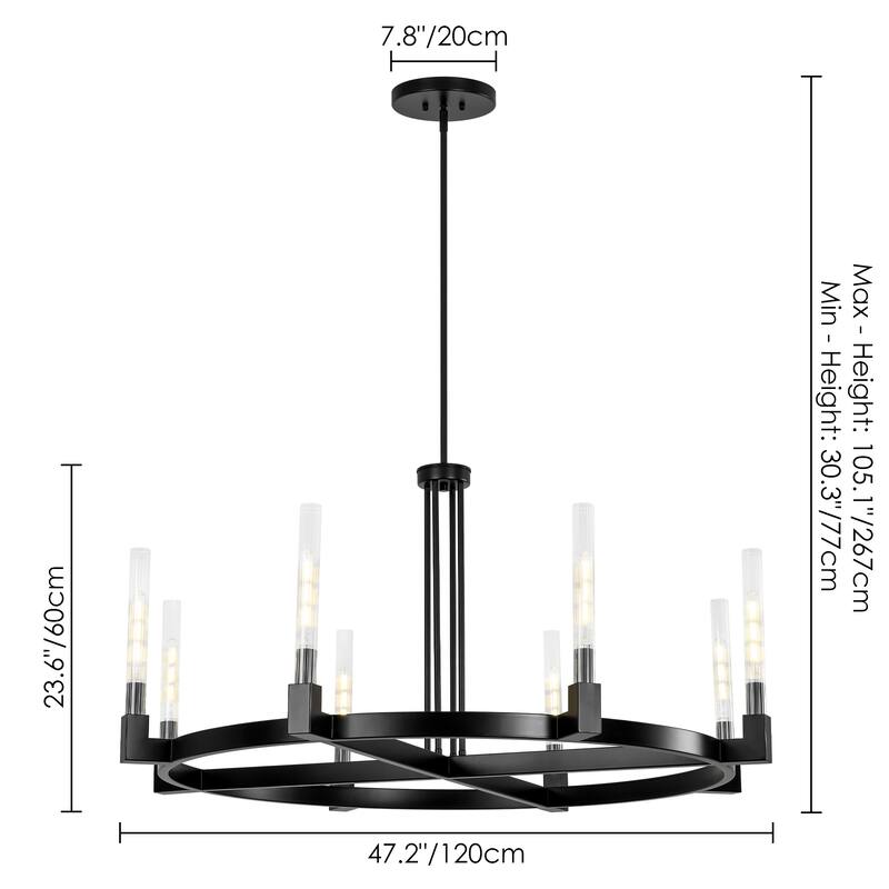 8-Light Mid-Century Modern Black Wagon Wheel Chandelier/Large Chandelier with Ribbed Glass Shade - 47.2 in. W x 23.6 in. H